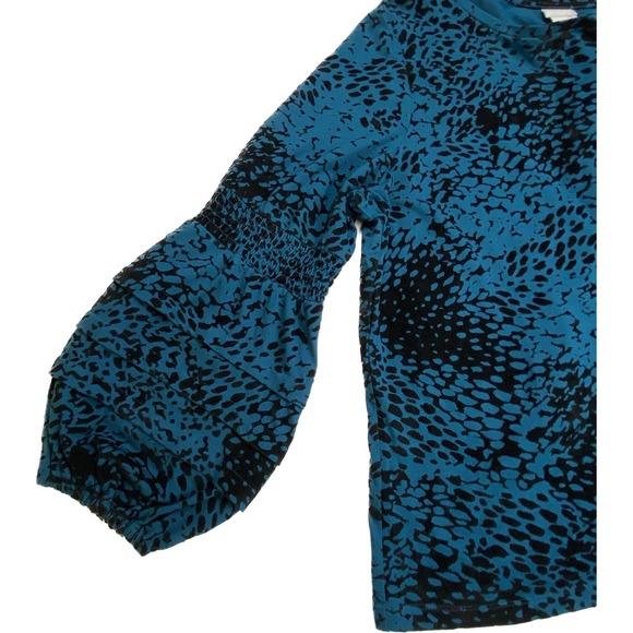 Chico’s Popover Top, Women's Size 3 (16) Bishop Sleeves, Blue w/Black Flocking - Picture 5 of 10